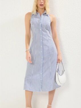 Anne Klein Striped Poplin Pocketed Midi Dress | White & Blue | Size 6